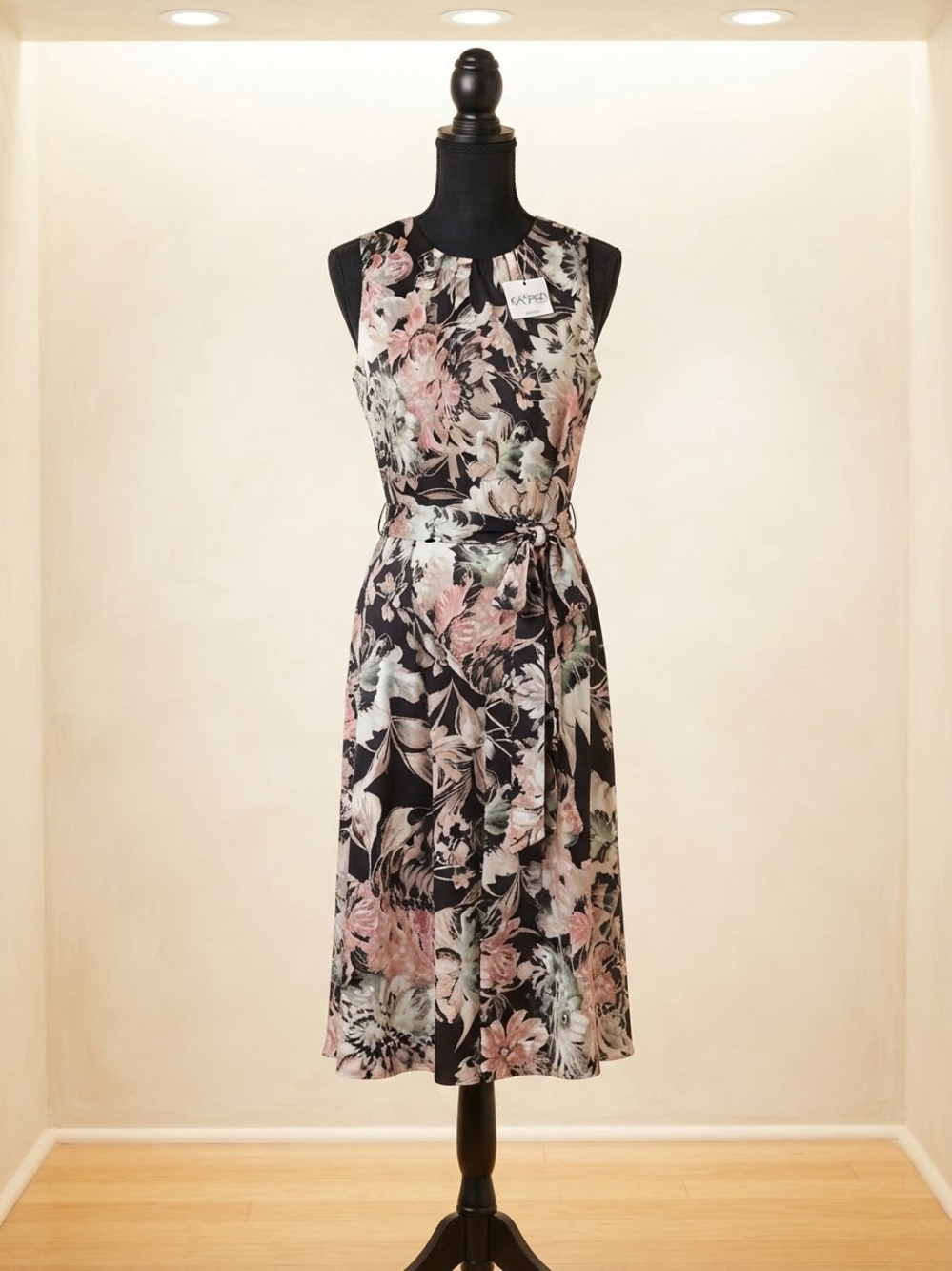 Kasper Black Sleeveless Floral Midi Dress with Pink & Green Accents